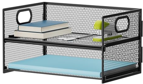 Marbrasse 2 Tier Paper Organizer Letter Tray, Mesh File Organizer with Handle, Paper Sorter Desk Organizer for Home Office Supplies - Black