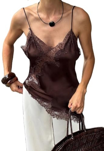 Betrodi Womens Silk Lace Trim Asymmetrical Camisole Top Y2k Satin Lace Patchwork V Neck Tank Top Coquette Going Out Tops Streetwear