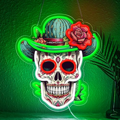 Lxmoneon Insegna al neon del Giorno dei Morti, luce al neon a LED con teschio di zucchero messicano per casa bar, luce da parete al neon con stampa UV teschio USB per feste di Halloween (verde)
