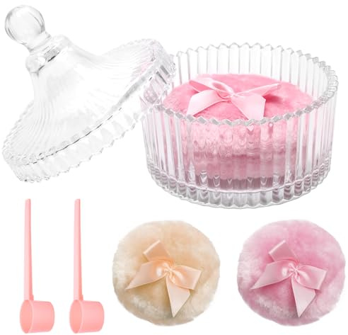 Bafutayawa Juego de Polvera de Vidrio con Borla de Polvo para Cuerpo Grande, Borla con 2 Borlas y Cuchara, Suave y Esponjosa para Mujeres Rosa Beige