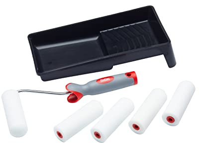 ProDec 7 Piece Foam 4 inch Mini Paint Rollers, Soft Grip Frame and Tray Set for a Smooth Finish with Gloss and Satin Paints on Skirting Boards, Window Sills, Panel Doors, Cabinets, Metal and More, 4
