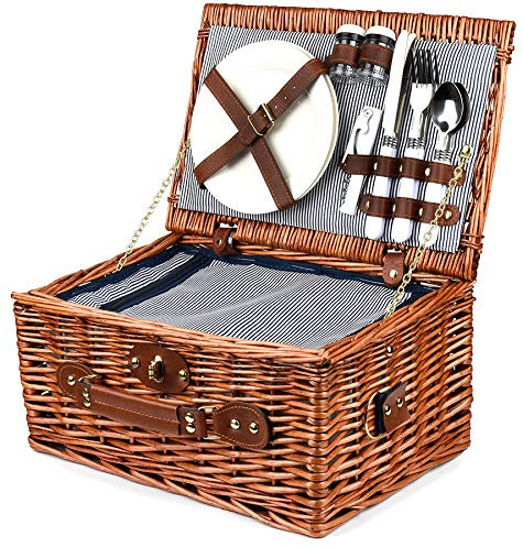 Bingo-Shop Picknickkorb für 2 Personen mit Kühlfach - Inklusive Bestecksets, Kühlfach, Korkenzieher und Keramikteller - 26 x 18 x 38 cm Picknickkoffer Picknickset Picknick Korb