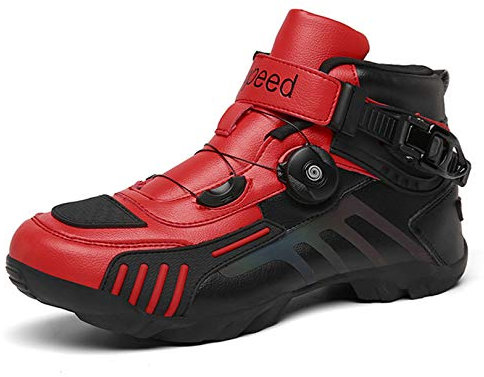 MRDEAR Motorradschuhe Sneaker Herren & Damen mit Einstellknopf, Motorradstiefel Motorrad Schuhe Atmungsaktives rutschfeste Motocross Kurze Ankle Stiefel Sportschuhe Turnschuhe, 3 Farben,Rot,42 EU