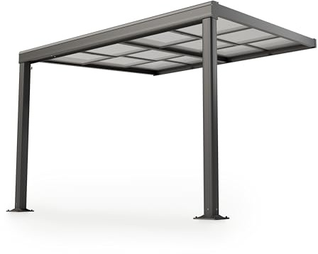 Juskys Terrassenüberdachung 3x3 m mit Schiebedach - Terrassendach aus Aluminium mit Doppelstegplatten - wetterfeste Überdachung mit UV-Schutz - Grau