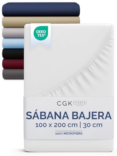 Sábana bajera 100x200 cm - Ajustable para colchones de hasta 30 cm (12) de altura - Microfibra cepillada suave - Antideslizante, resistente al lavado y sin arrugas - Certificada OEKO-TEX - Blanco