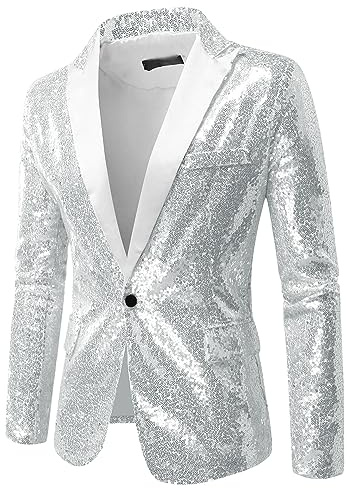 Lars Amadeus Sequin Blazer for Men's Peak Lapel Color Block Shiny Sparkle Sports Coat Silver L