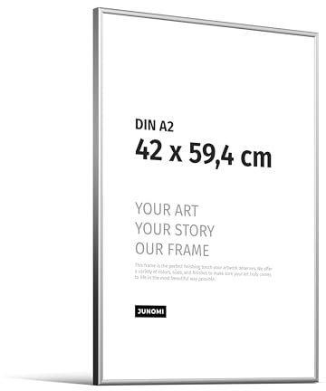 JUNOMI® Bilderrahmen DIN A2 (42x59,4 cm) - Aluminium Metall Silber Matt - Schmaler Rahmen mit bruchsicherem Acrylglas - Moderner Posterrahmen für Fotos und Bilder im Hoch- & Querformat