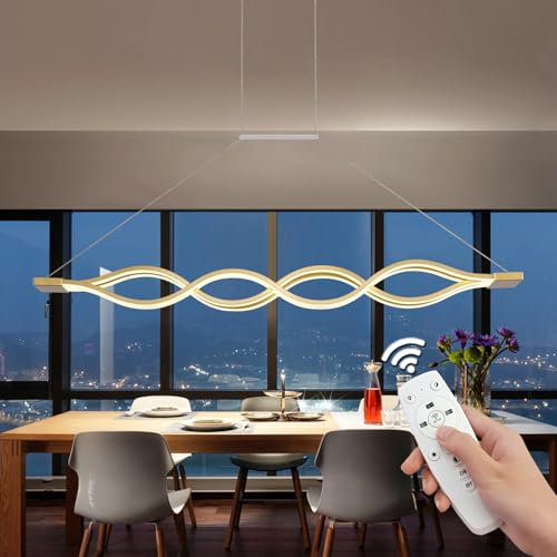 Lampada a Sospensione LED, Lampadario Regolabile in Altezza, Lampadari Moderni in Oro, Dimmerabile con Telecomando, per Cucina Sala Pranzo Ufficio Bar Salotto