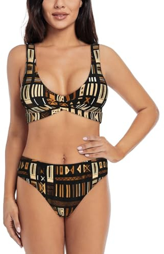 Costume da bagno africano da donna con stampa tribale di fango, bikini a vita alta, due pezzi costumi da bagno sportivi, Nero , S