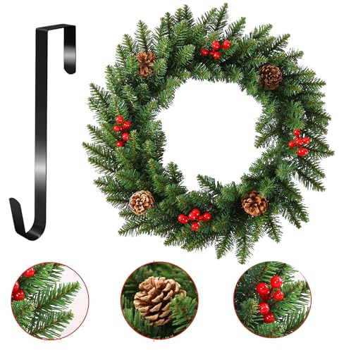 Julkrans, julkrans för ytterdörr med hängare, juldekor med konstgjord röd bär tallkotte gran, konstgjord krans juldekorationer för inomhus utomhus (grön-2, 30 cm)