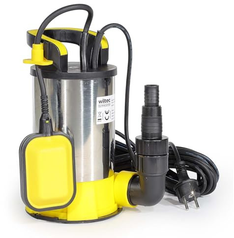 Wiltec Pompe à eau immergée à aspiration plate 900 W – Jusqu’à 1 mm – 17000 l/h – Acier inox – Refoulement max. 9 m, profondeur max. 7 m – Interrupteur à flotteur – Pompe submersible Eau propre