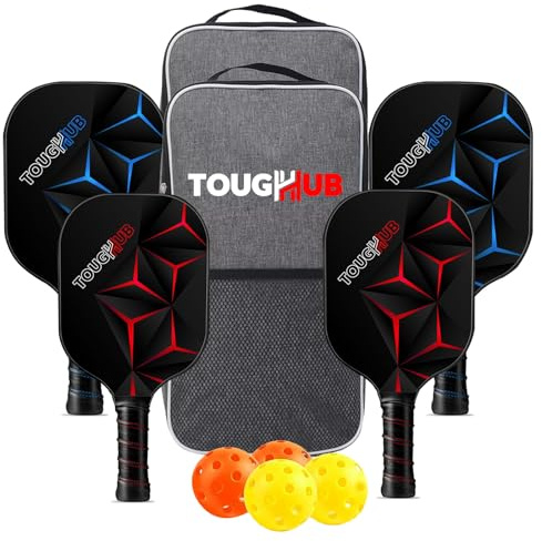 Pickleball Paddles Set of 4 - Fiberglass Lightweight Pickle Ball Rackets with 4 Balls and Carrybags, Non-Slip Grip Paddleball Set with Polypropylene Honeycomb Core for Beginners and Professionals
