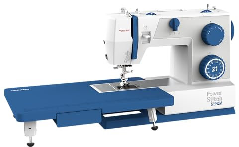 VERITAS Power Stitch Denim Nähmaschine I mit XXL-Anschiebetisch & Fußpedal I Einfädelhilfe I 1.000 Stiche/Min. I anpassbarer Nähfußdruck I für Jeans, Leder & feine Stoffe I inkl. Staubschutzhülle