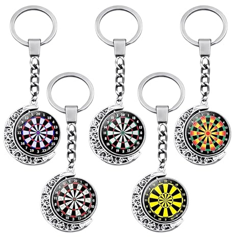 Syrvnto darttavla nyckelring set om 5, 360° vridbar nyckelring med kristallglas, månhänge, hängande nyckelring, dekoration, dart, present för män, dartspelare, sportfans, silver, En Storlek