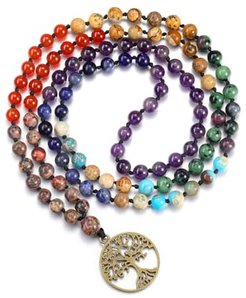 JSDDE 108 Mala Prayer Beads Wrap Bracelet 7 Chakra Crystal Stone Necklace Healing Gemstone Necklaces for Yoga Meditation