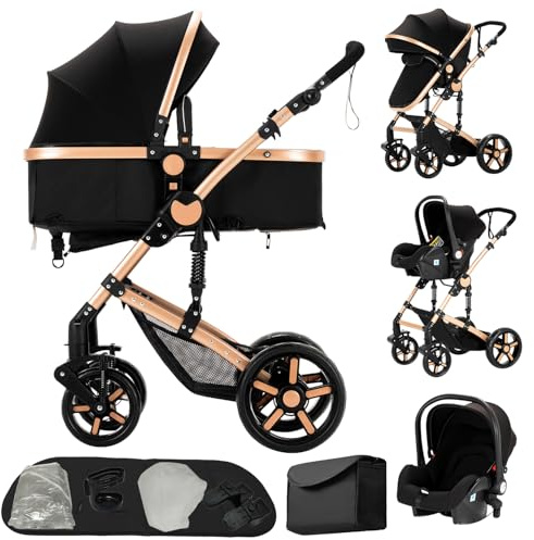 carrito bebe 3 en 1,cochecito reversible,con estructura triangular y suspensión de doble resorte,plegable con un solo clic para recién nacidos y niños pequeños(negro&dorado)