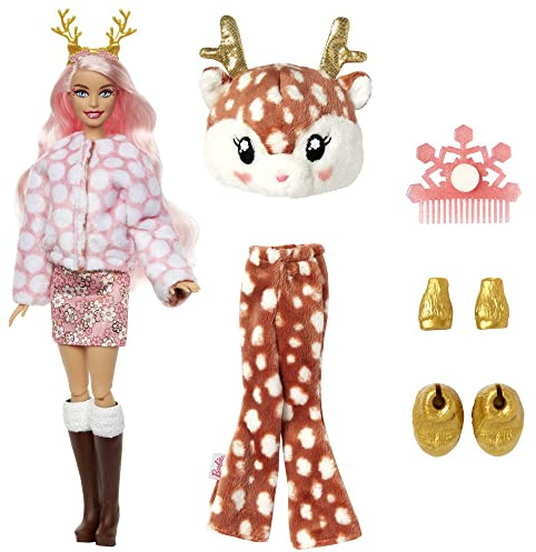 Barbie HJL61 - Cutie Reveal Winter Schneeflocken Serie-Puppe mit REH-Plüschkostüm und 10 Überraschungen inklusive kleinem Haustier und Farbwechsel, Geschenk für Kinder ab 3 Jahren, REH