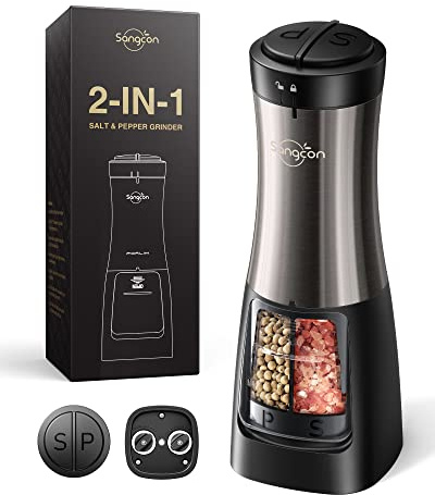 Sangcon Electric Salt and Pepper Grinder Set Shaker 2 IN 1 - Automatic Salt and Pepper Grinder Mill, Battery Powered One-Handed Operation Refillable with Light Dual Ceramic Mill