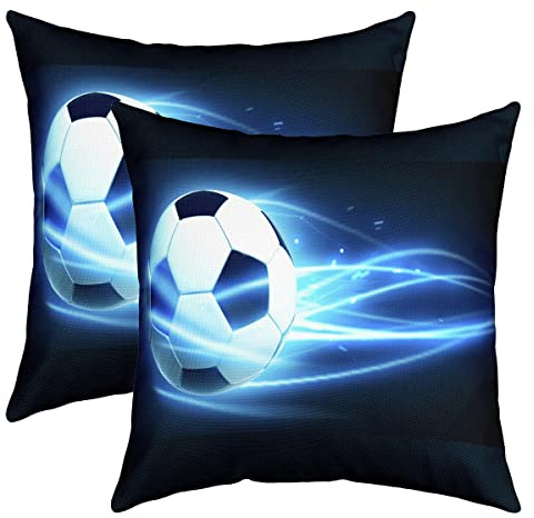Homemissing Football Throw Pillow Cover for Sofa Bed Blue Flame Soccer Decorative Pillows Cushion Cover Soccer Ball Gaming Pillow Inserts 18x18