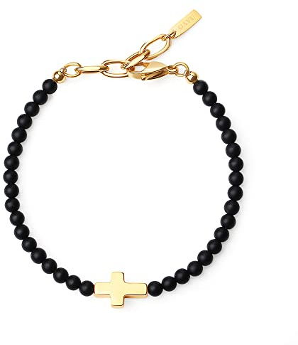 GAVU Pulsera Cruz para Hombre con Cuentas de Piedras Naturales Ónice Negro Mate y Acero Inoxidable Chapado en Oro