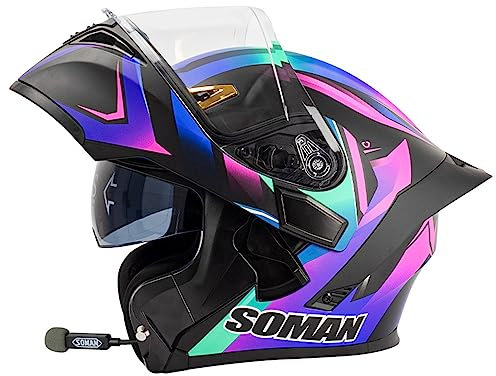 RUANLOV Klapphelm Motorradhelm Mit Bluetooth Helm Motorrad Integriert Klapphelm Mit Doppelvisier Mit Eingebautem Mikrofon für Automatische Reaktion ECE-Zertifizierung Für Frauen Männer (G L=59~60cm)