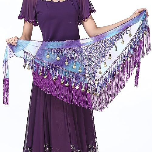 SITAKEGS Belly Dance Hip Scarfs,Girls/Women's Wave Shape Skirts Wrap with Sequin,Purple Chiffon Tassel Skirt Waist Costume Belt for Festival Club Summer Beach Dance