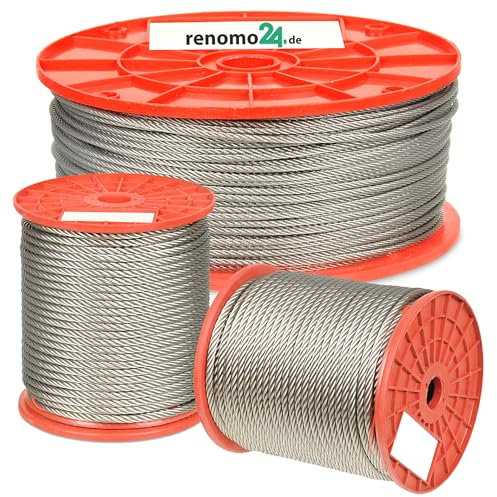 Renomo24 Edelstahl Drahtseil (10m, 3mm- 7x7) INOX Stahlseil V4A Rostfrei Seil AISI 316 Edelstahlseil Edelstahldraht