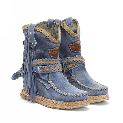 Bottes de cowboy à franges pour femme - Talon compensé caché - Bottines à pompon - Tissu brillant en strass - Cuir nubuck - Housse confortable pour fête de mariage dans la rue