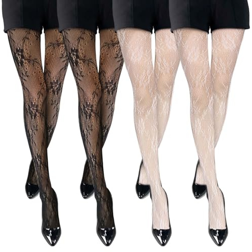 EUPSIIU 4 Pezzi Collant Donna, Lace Collant, Lolita Collant, Hollow out Floral Collant, Collant Fantasia Fiori, Classico Collant, per Donne Ragazze (Nero, Bianco, Taglia Unica)