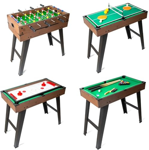 DEVESSPORT Mesa Multijuegos 4 en 1 Infantil | Futbolín, Billar, Ping Pong y Hockey en un Solo Juego | Todos los Accesorios Están Incluidos | Listo para Empezar a Jugar