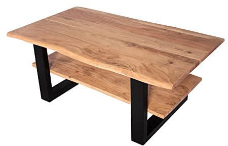 SAM B-Ware Couchtisch 115x65 cm Philipp, Sofatisch mit Ablage, Akazienholz massiv + naturfarben + lackiert, Beistelltisch mit echter Baumkante, U-Gestell Schwarz