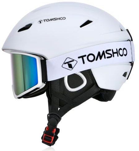 TOMSHOO Ski Helmet Set, Snowboard Helmet with Ski Goggles Set, Earmuffs, Ventilation Holes, Skiing Gear for Men Women Youth(L, White)