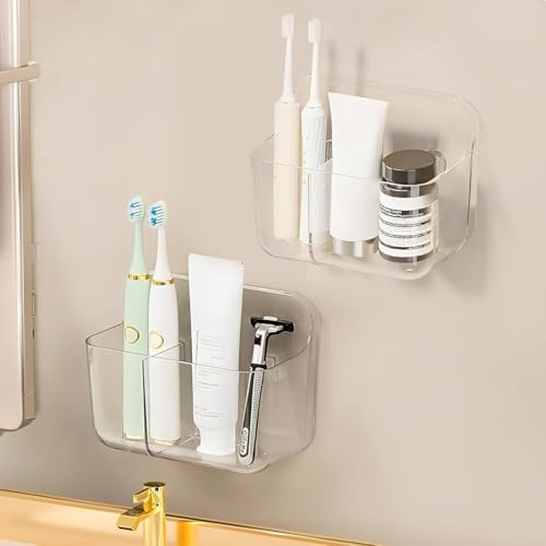 Diesisa 2 Stück Duschablage Ohne Bohren, Duschregal Wandmontage, Shampoo Halterung für Dusche, Duschkorb Selbstklebend, Acryl Regal Bad Ohne Bohren für Küche, Wohnzimmer (2 Fächer-Transparent)