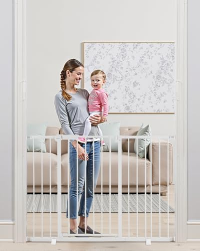VEVOR Baby grind, 61-122 cm justerbar bredd, 91 cm hög hundgrind, lätt att gå igenom, för barn husdjurssäkerhet, tryckmonteringssats, väggkoppar, enhandsöppen, för trappor och dörröppningar, vit