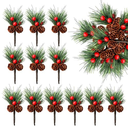 12 Piezas Ramas de Pino Artificial con Bayas Rojas y Piñas, Decoración Navideña para Coronas, Árbol de Navidad, Centro de Mesa y Manualidades, Ambiente Festivo Invernal