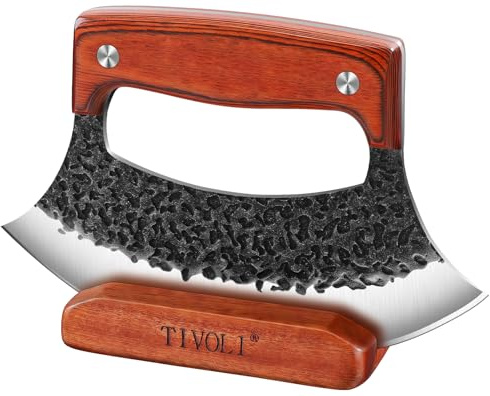 TIVOLI Professioneller Pizzamesser mit scharfer rostbeständiger Klinge aus Kohlenstoffstahl Pizza Axt aus hochwertigem Kohlenstoffstahl, Handgefertigte Pizzaschneider mit Lederscheide with Blace