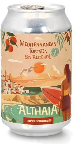 Althaia Mediterranean Tostada SIN ALCOHOL y SIN GLUTEN – Cerveza Artesana 33cl – Ámbar, Refrescante y Maltosa – Apta para Celíacos 100% Natural (Pack 6 Latas, 6, unidad)