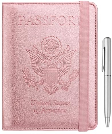 WALNEW Passport Holder for Travel, RFID Passport Cover Wallet for Women Men, PU Leather Passport Book Card Holder Case with Pen (Elastic Band Closure, A-Rosegold)