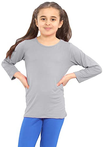 janisramone® Kids T Shirts - Casual Boys Long Sleeve T Shirt - Round Neck Girls School Shirts, Stretchy Comfortable Boys Girls Long Sleeve Top Grey