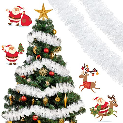 50 Feet Christmas Tinsel Garland Christmas Garland Tree Decorations Tinsel Garland for Outdoor or Indoor Use Christmas Holiday Decor (White)