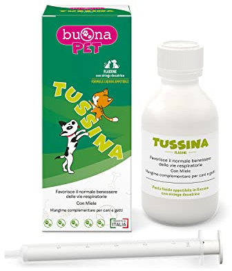Buona Pet Tussina per Cani e Gatti Flacone 100 ml, Forma Liquida con Miele, Thymox®, Grindelia, Naringina e Ribes nero, Integratori per Cani e Gatti per il Benessere delle Vie Respiratorie