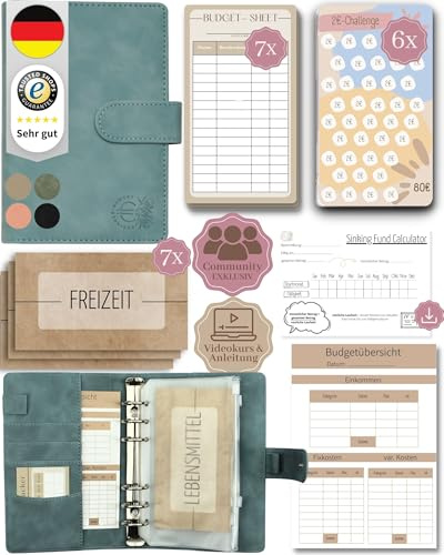 BeginnerBudget® Budget Planner Deutsch - Starterset mit Sparchallenge Budgetplaner - Sparen mit Umschlagmethode + Anleitung - Ringbuch A6 - Binder A6 Wildleder-Style (Hellblau)