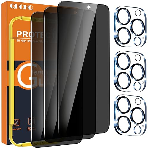 QHOHQ 3 Pezzi Pellicola Privacy per iPhone 15 Pro [6,1 Pollici] con 3 Pezzi Protezione Fotocamera, Anti-Spy Vetro Temperato, Ultra Resistente, Anti-Graffio, HD, Senza Bolle
