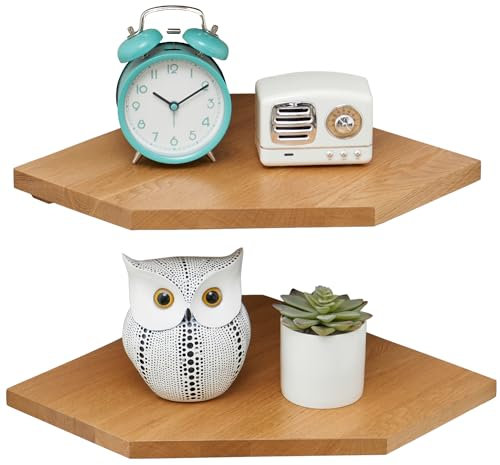 Gieanoo Eckregal Hängend Holz, 2er-Set Eiche Massivholz Eckregal Wandregal Holz Vintage Landhausstil Regal für Schlafzimmer Wohnzimmer Diamantform mit Drahtloch