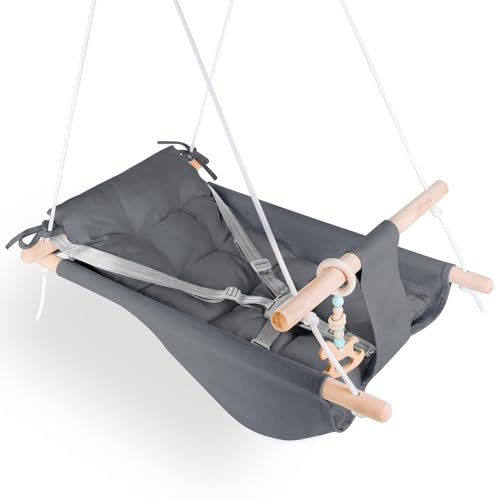 Baby Swing Indoor and Outdoor, Canvas Hammock Swing for Baby to Toddler with a Comfortable Seat, Macaroon Wooden Toy, Adjustable 5-Point Harness,Gift for Baby Boys Girls, 3 Modes, Dark Grey