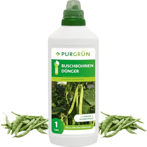 Purgrün® Bio-Buschbohnen-Dünger 1 Liter – Organische Rezeptur – Premium-Flüssigdünger – NPK 4+1+7 – Mit Algenextrakt & Vinasse – Extra Kalium für eine reiche Ernte – Ohne tierische Inhaltsstoffe