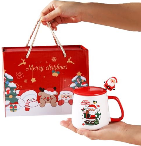 BestAlice Keramiska Julmuggar, Keramisk Kaffemugg med Lock och Kaffesked Till Jul, Diskmaskinssäkra Julkaffemuggar, Keramisk Kaffemugg (Jultomten)