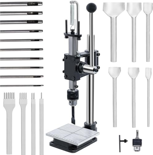 Leder Locher Werkzeug Guilopoer Lochmaschine mit Aluminiumplatte Set 4 Zinken + 10 Lochstanzern, PP-Plakette für Lederdruckmaschinen Stanzen Zinken Stempeln Punche,DIY Maschine zum Lochen von Leder