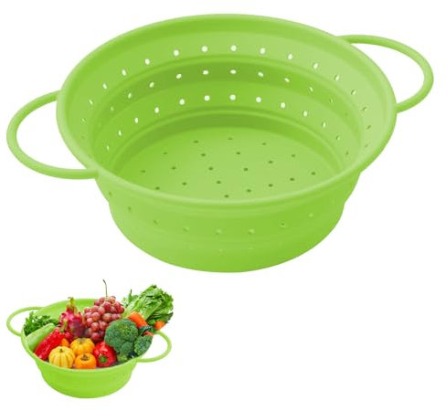 Passoire Pliable Silicone, 21,5 cm/8,5 in Passoire de Cuisine Pliante, Bol à Légumes, Passoire Portable, Passoire en Silicone, Economie D'espace, pour la Cuisine, Verte