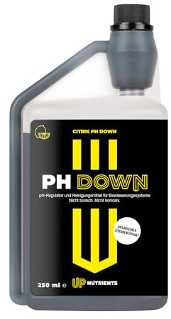UP NUTRIENTS Bajador de PH 250 ml PH Down de Extracto Cítrico Plantas y Cultivos - Minorador pH con Dosificador 100% Natural - Reductor pH No Corrosivo, No Tóxico - Apto Agricultura Ecológica